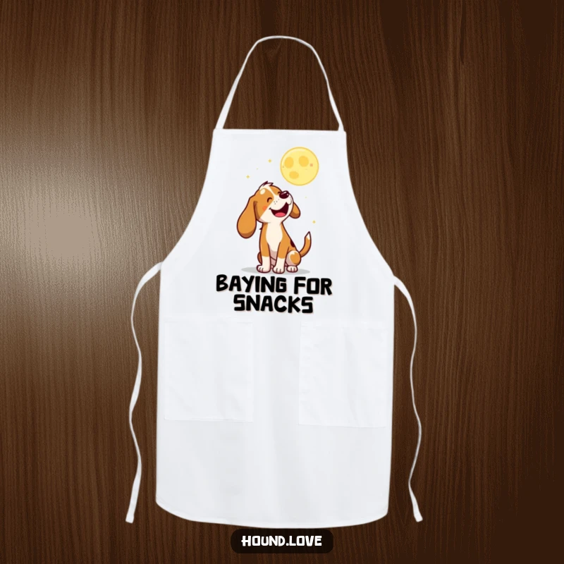 Funny Apron with a joyful hound character baying at a playful, bouncing moon, perfect for kitchen duties.