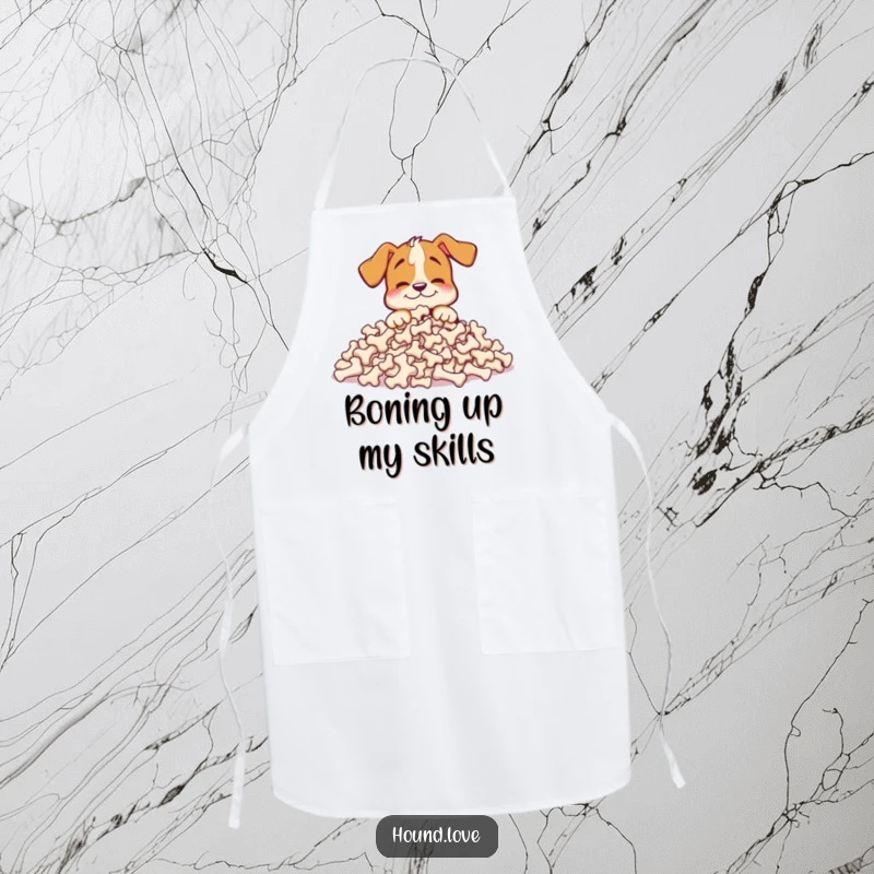 Funny hound apron depicting a happy dog character burying its nose in a huge pile of bones, ideal for humorous kitchen wear.