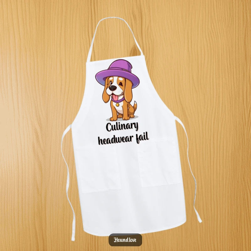 Funny Apron: A hound comically wearing a hat that is far too big, a humorous and functional piece for the kitchen or studio.