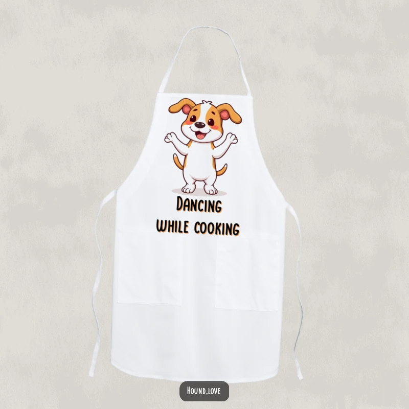 Durable apron showcasing a funny hound dog in a full-body wiggle dance, ready for cheerful kitchen duty.