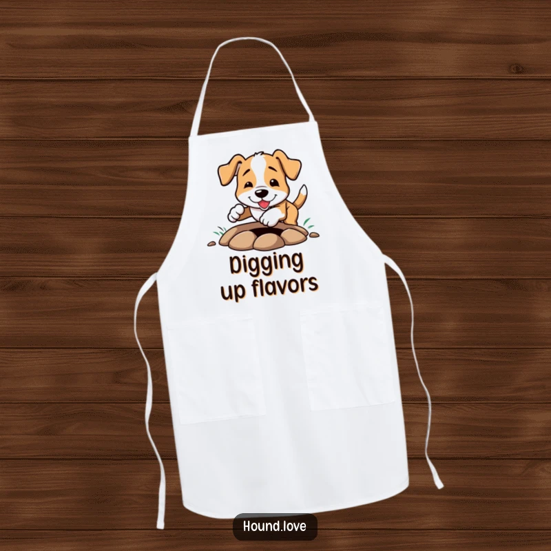 Funny Apron: A hound character comically digging a hole with great effort, dirt flying, a humorous scene for any kitchen or garden.