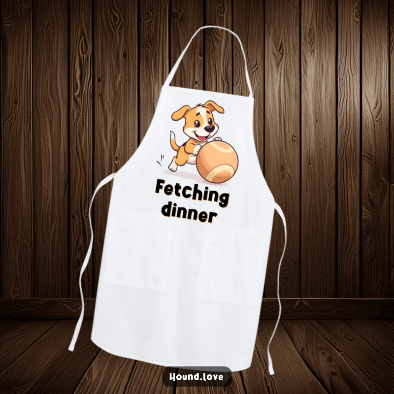 Funny Apron: Hound character playfully chases a large wobbly ball, ideal for a fun cooking experience.