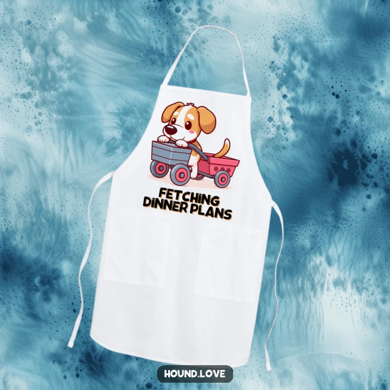 Funny apron showcasing a determined hound character pulling a toy cart, perfect for kitchen adventures and humorous cooking.