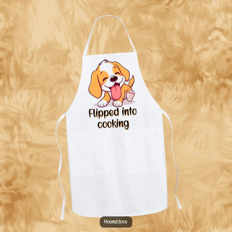 Funny tumbling hound apron showing a dog comically tumbling with its tongue lolling out. A humorous and practical gift.