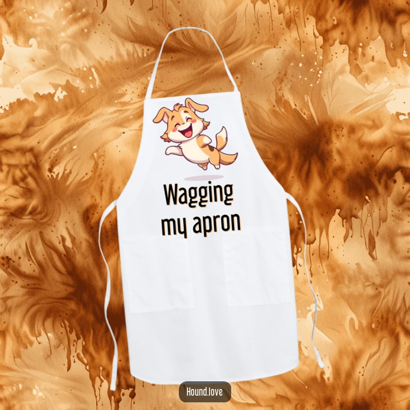 Funny apron featuring a gleeful hound character spinning with pure delight and a furiously wagging tail, ideal for happy chefs.