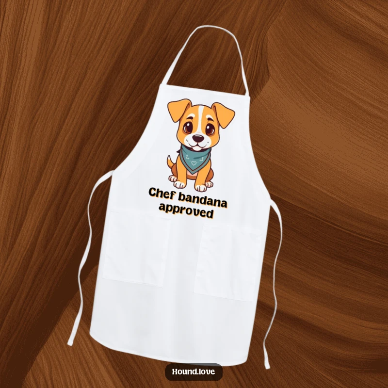 Funny cooking apron with a proud hound wearing a jaunty bandana, adding humor to meal prep.