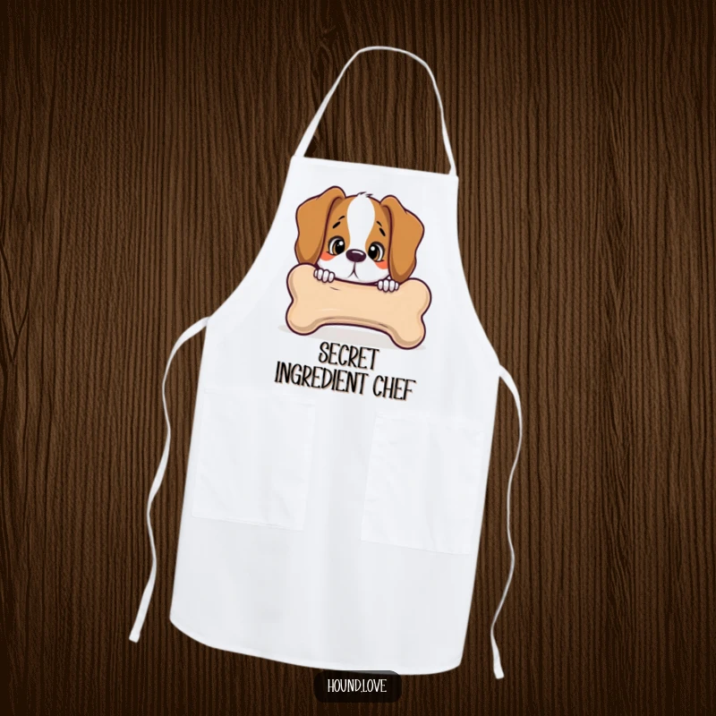 Funny hound peeking with curiosity from behind a giant, talking bone, on an apron, ideal for cooking and bringing humor to the kitchen.