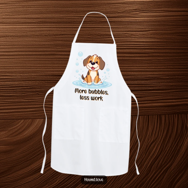Funny apron with a happy hound character playfully splashing in a big puddle of suds, bringing outdoor fun to the kitchen.