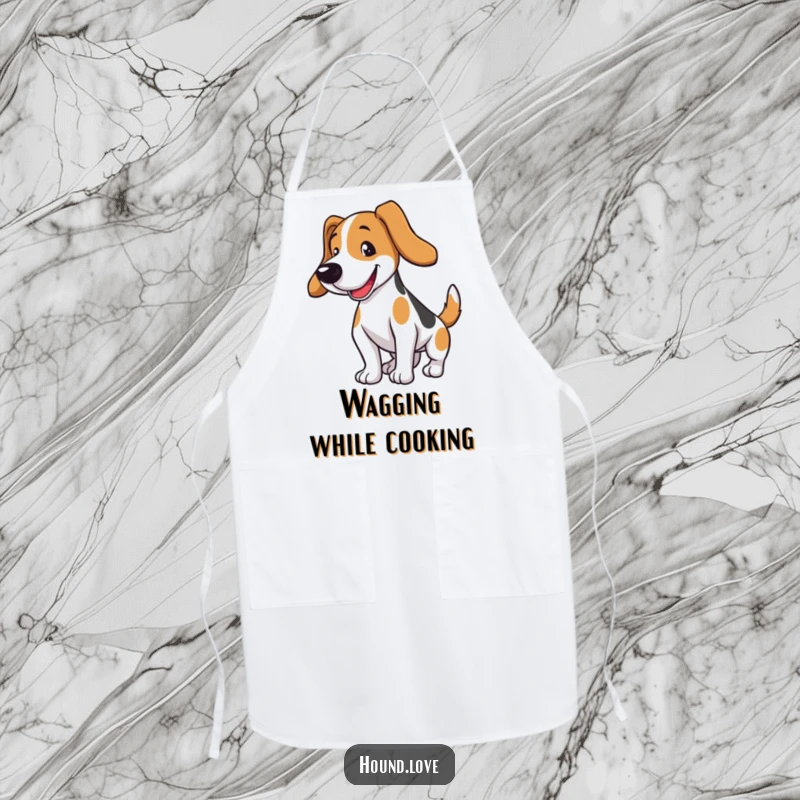 Funny hound dog apron for kitchen use, showing a dog happily wagging its tail. A humorous and practical gift.