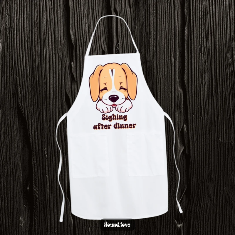 Funny apron depicting a hound dog resting its chin with a contented sigh, ideal for kitchen activities and promoting calm.