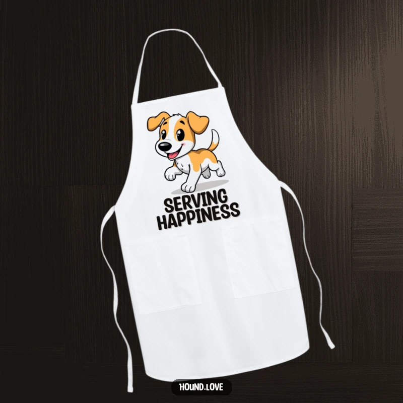 Funny apron featuring a happy hound dog in a comical trot, wagging tail, perfect for cooking and kitchen humor enthusiasts, great funny gift.