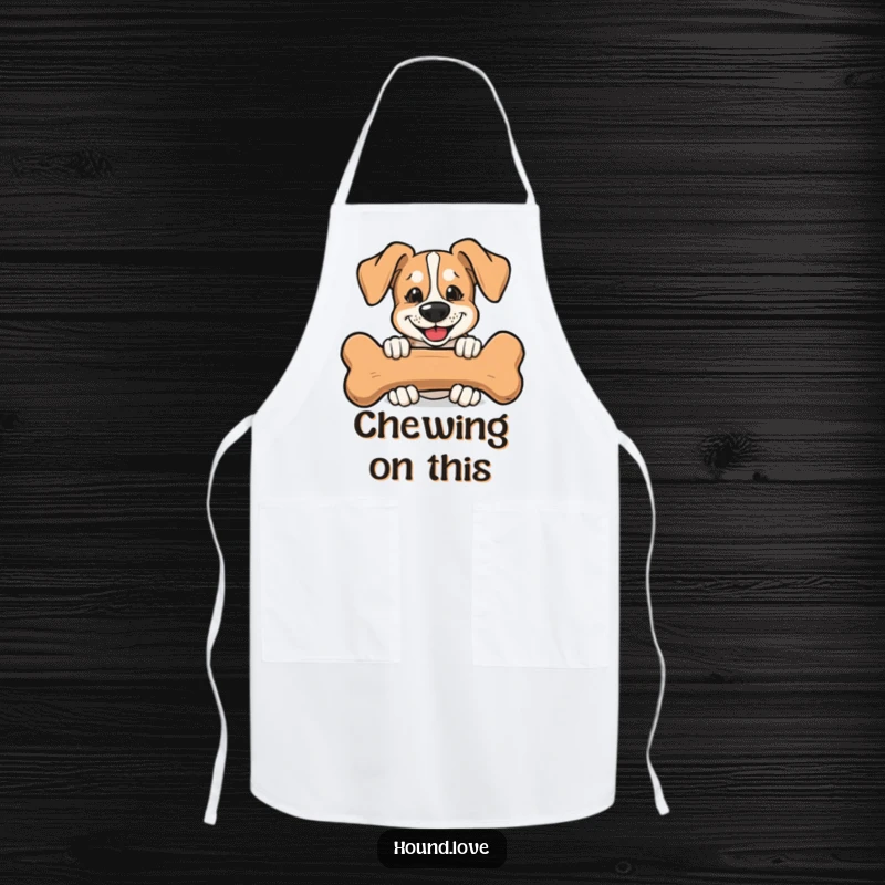 Funny Apron depicting a mischievous hound peeking from behind a large bone, a humorous design for kitchen protection.