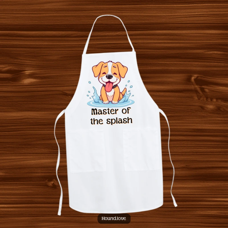 Funny hound apron, a goofy dog panting with its tongue out, enjoying a refreshing water splash, humorous kitchen wear.