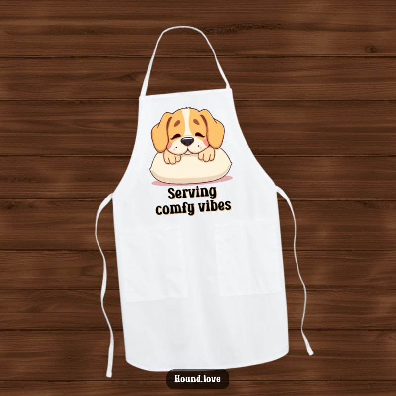 Funny hound apron, a contented dog resting its snout on a comfortable pillow, humorous kitchen wear for cooks.