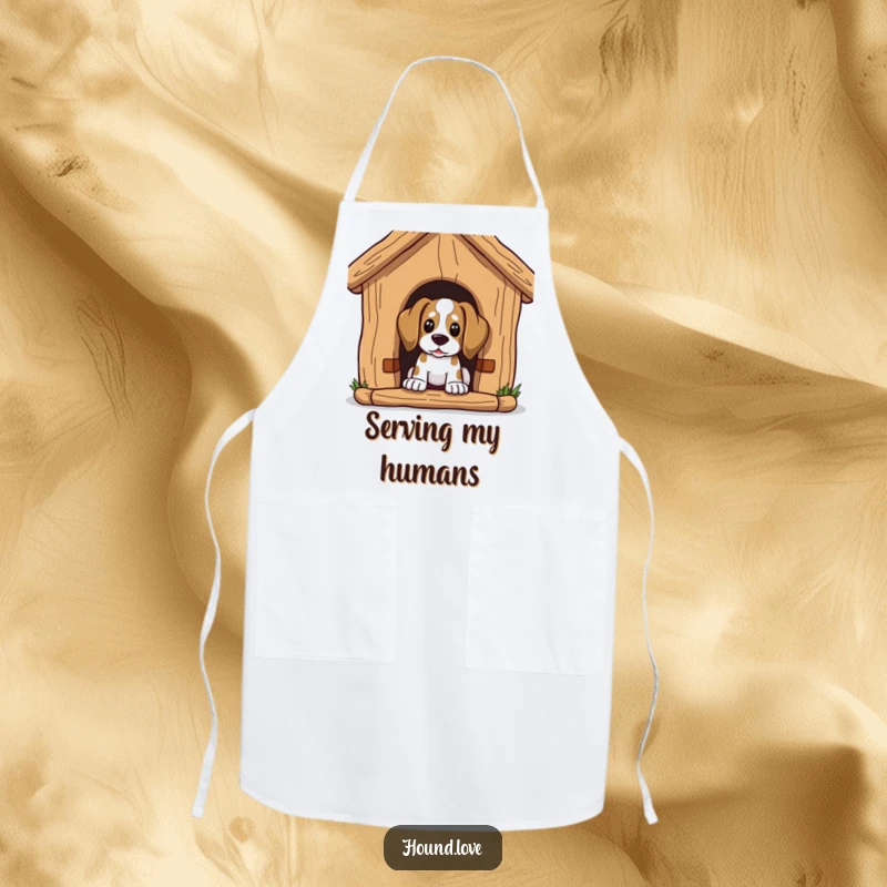 Funny Apron: Hound character peeks curiously from a large dog house, ideal for a fun cooking experience.