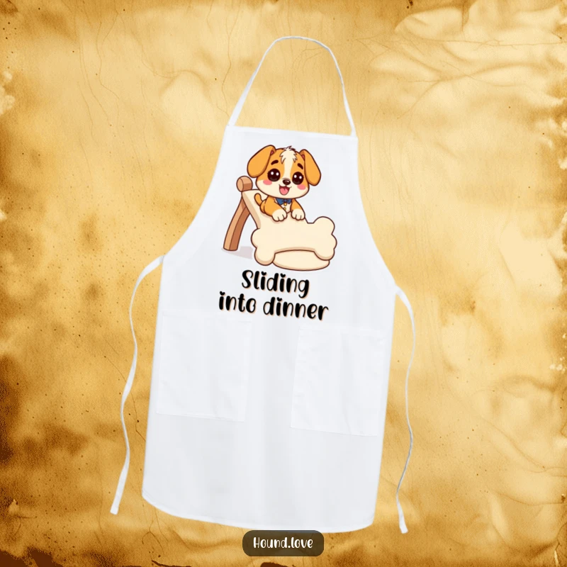 Funny hound apron depicting a giddy dog character sliding down a wiggly, bone-shaped slide, ideal for humorous kitchen wear.