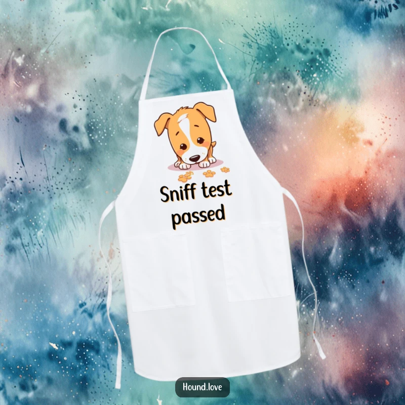 Funny Apron featuring a playful hound sniffing the ground, following a sparkling trail of paw prints, perfect for kitchen fun.