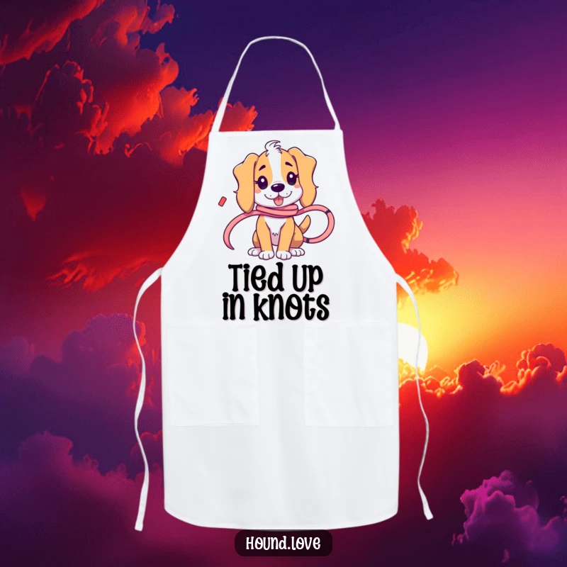 Funny hound character playfully tangled in a ribbon, bringing humor and personality to this practical chef's apron.