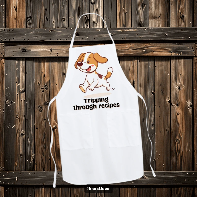 Funny tripping hound apron showing a dog hilariously tripping while chasing its tail. A humorous and practical gift.