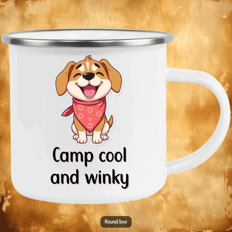 Funny hound camping mug showing a delighted dog character winking while wearing an oversized, silly bandana, perfect for humorous outdoor use.