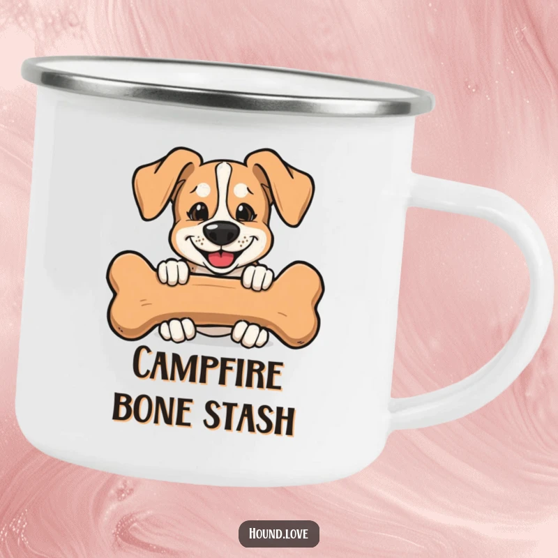 Funny Camping Mug featuring a mischievous hound peeking from behind a large bone, great for outdoor snack enthusiasts.