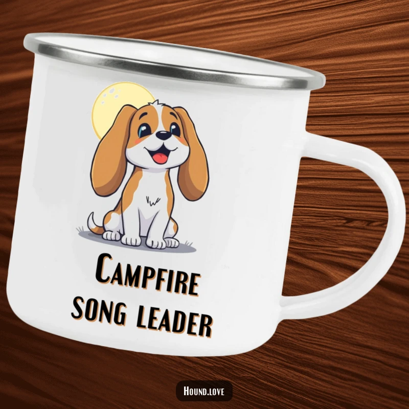 Funny hound with long, floppy ears, joyfully baying at the moon, on a durable camping mug, perfect for outdoor humor.