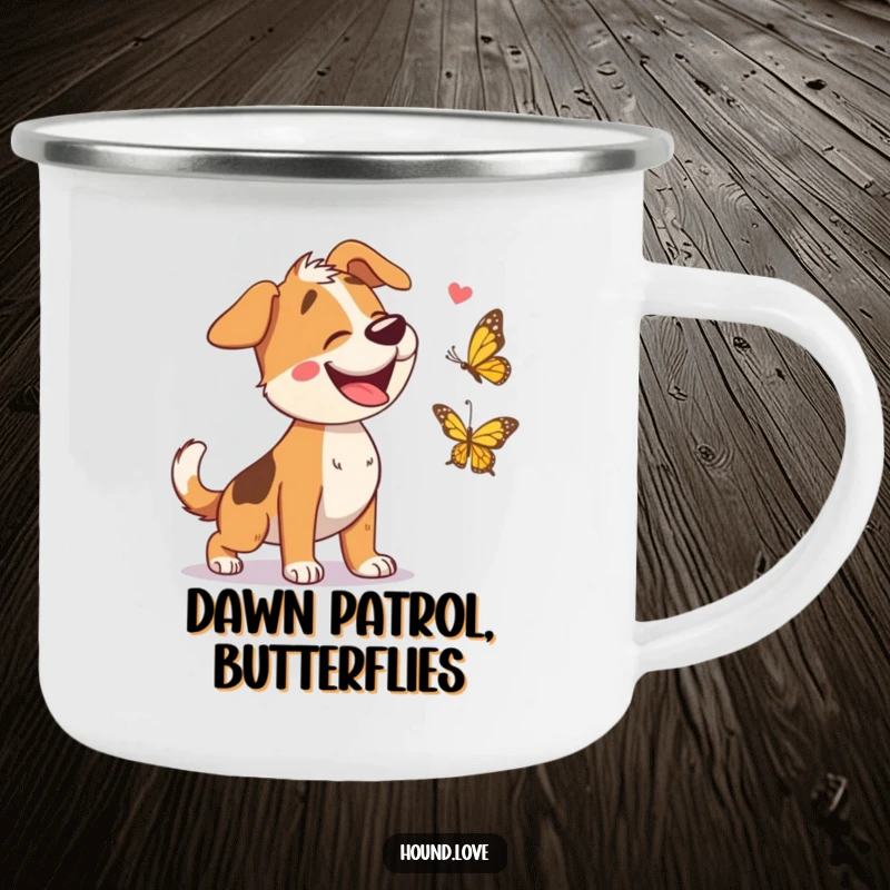 Funny camping mug illustration of a laughing hound dog enthusiastically chasing a butterfly, perfect for outdoor adventures and humor.