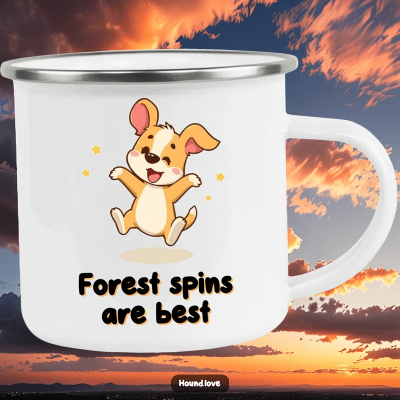 Funny Camping Mug: A delighted hound spins playfully, perfect for enjoying drinks on the go with a dose of humor.