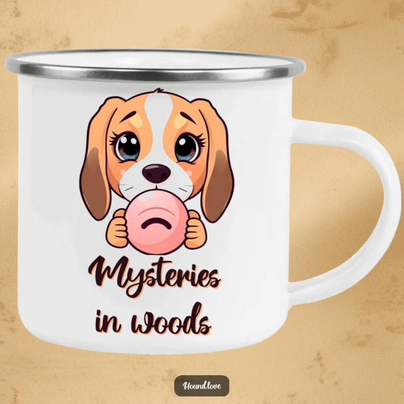 Sturdy camping mug featuring a funny hound dog with enormous, curious eyes peeking behind a squeaky toy, ready for outdoor fun.