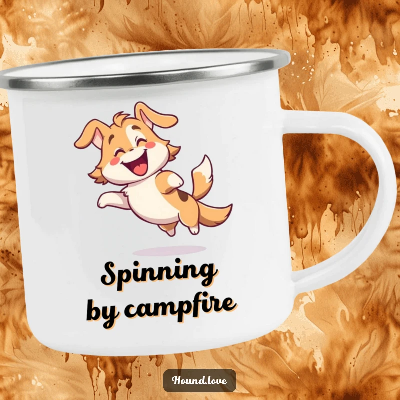 Funny camping mug featuring a gleeful hound character spinning with extreme delight and a furiously wagging tail, perfect for campers.