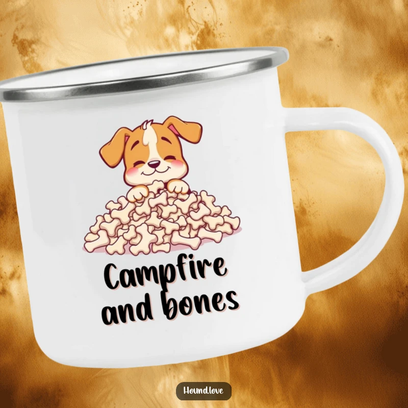Funny hound camping mug showing a happy dog character burying its nose in a huge pile of bones, perfect for humorous outdoor use.