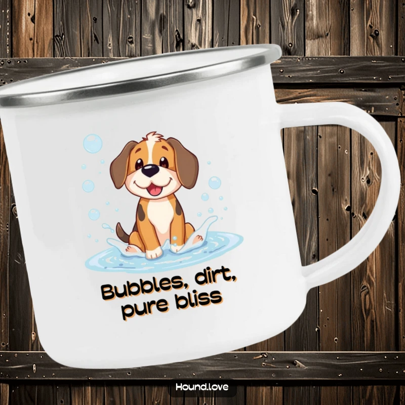 Funny camping mug featuring a joyful hound dog character splashing enthusiastically in a big puddle of soapy bubbles, outdoor ready.