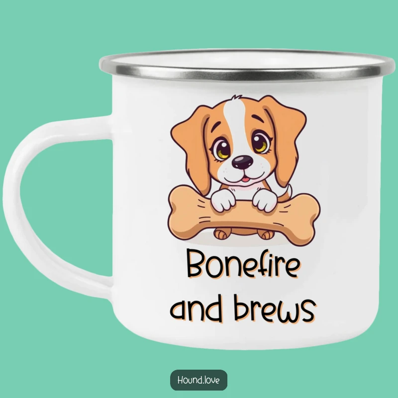 Funny Hound Dog Camping Mug: Innocent Eyes Admire Giant Bone, Adventure Humor Gift