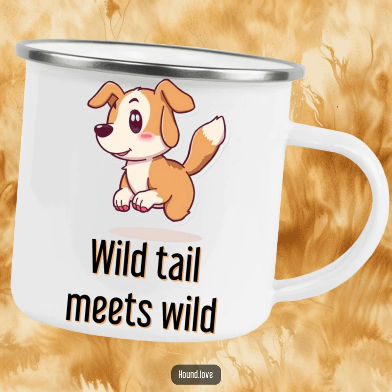 Funny hound camping mug showing a surprised dog character recoiling from its wagging tail, perfect for durable and humorous outdoor use.