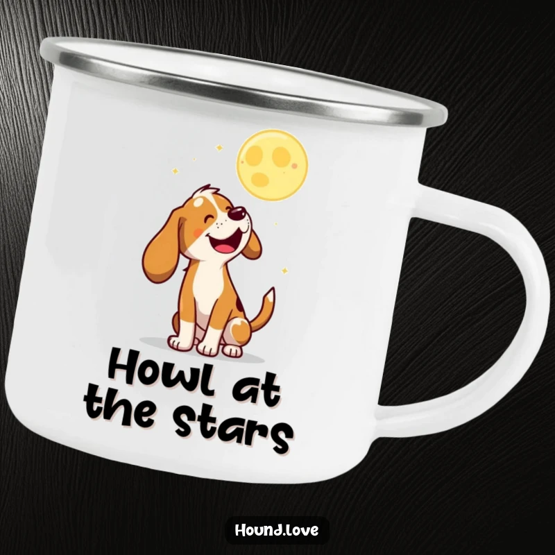 Funny Camping Mug showing a joyful hound baying at a playful, bouncing moon, for outdoor enjoyment.