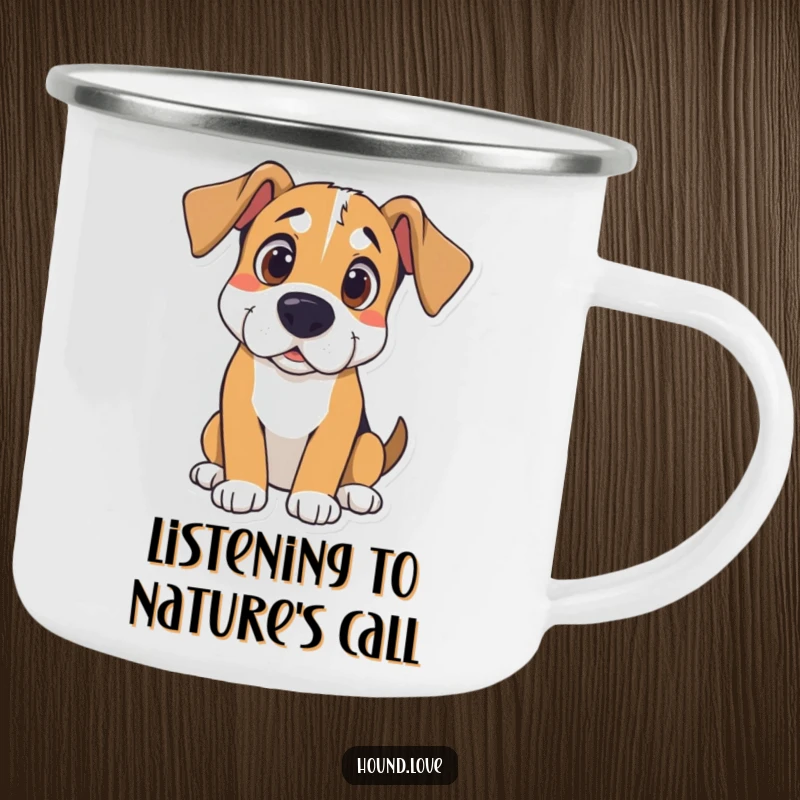 Funny Hound Camp Mug: Curious hound listening intently, durable and humorous for outdoor use, a great funny gift.