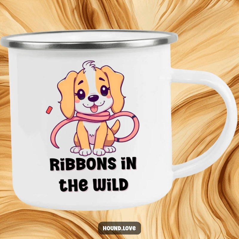 Funny hound character playfully tangled in a ribbon, designed for outdoor fun on this durable and humorous camping mug.
