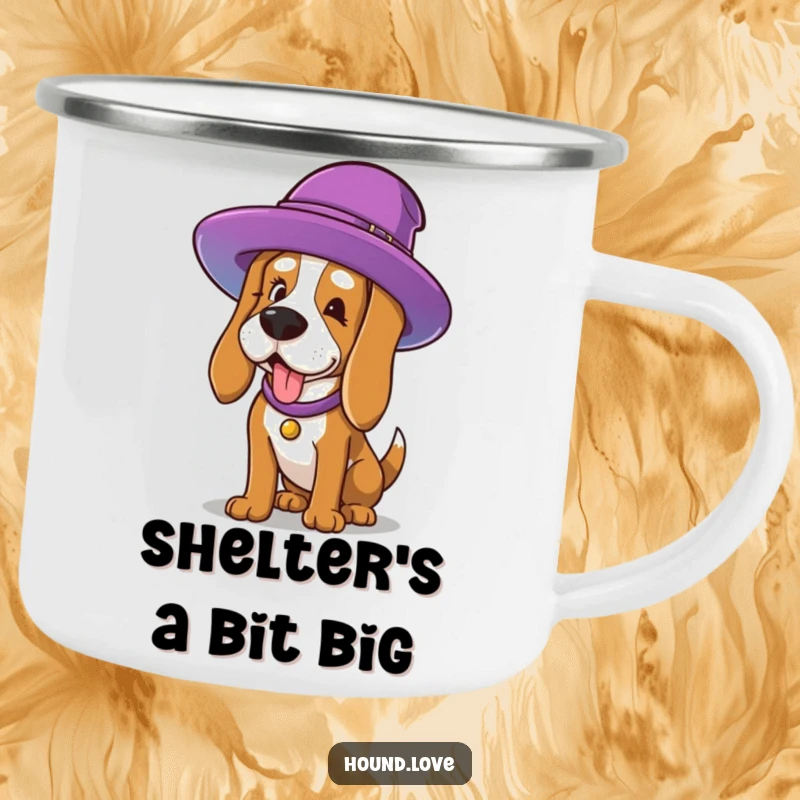 Funny Camping Mug: A hound comically straining to wear a huge, colorful hat, a funny and durable companion for outdoor enthusiasts.
