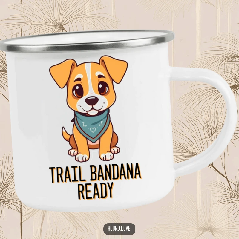 Funny enamel camping mug with a proud hound wearing a jaunty bandana, ideal for outdoor enthusiasts.