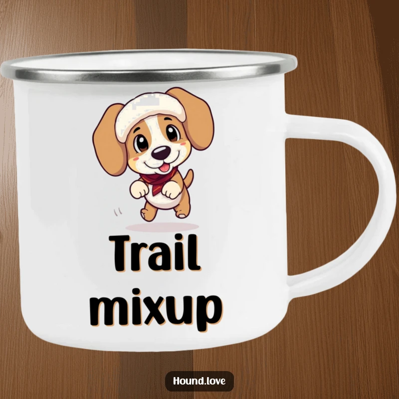 Funny camping mug featuring a clumsy hound character tripping while wearing huge, floppy ear muffs, ideal for outdoor humor.