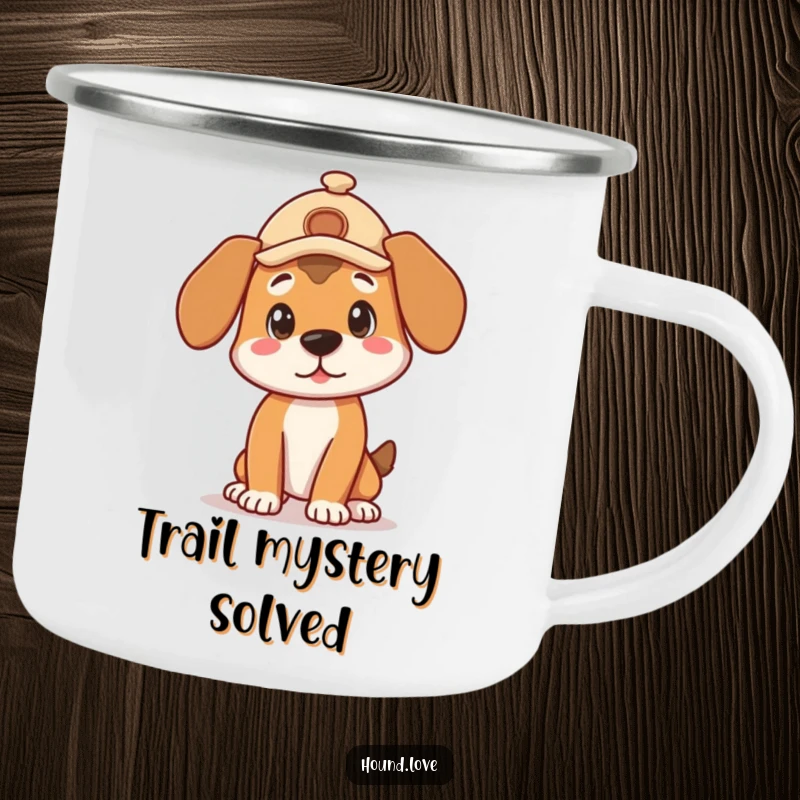 Funny Camping Mug: A cute hound in a detective hat strikes a curious pose, ready for the outdoors.