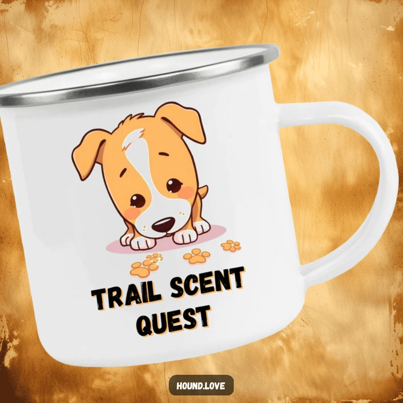 Funny Camping Mug featuring a playful hound sniffing the ground, tracking sparkling paw prints, great for outdoor enthusiasts.