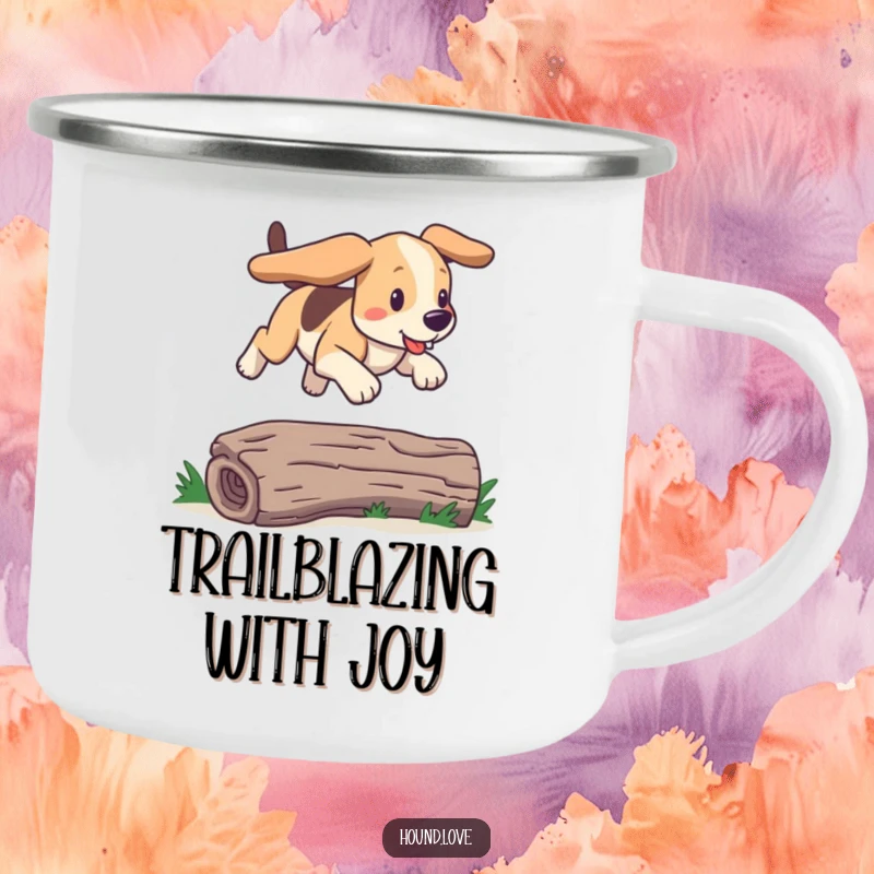 Funny bounding hound camping mug showing a dog joyfully leaping over a log. A humorous outdoor gift.