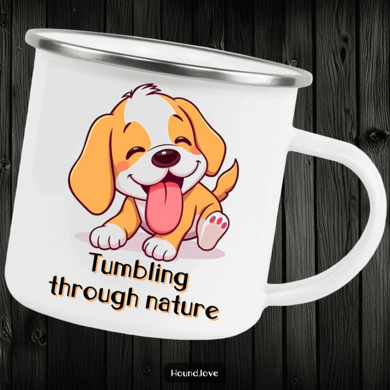 Funny tumbling hound camping mug showing a dog comically tumbling with its tongue lolling out. A humorous outdoor gift.