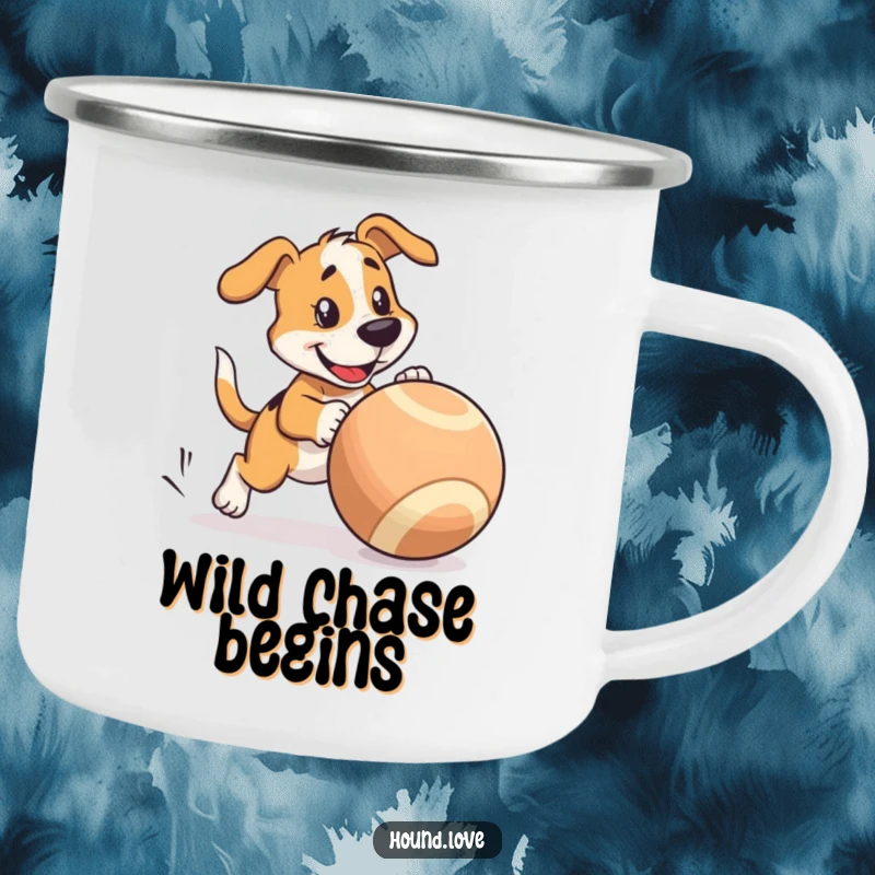 Funny Camping Mug: Hound character playfully chases a large wobbly ball, ideal for outdoor fun.
