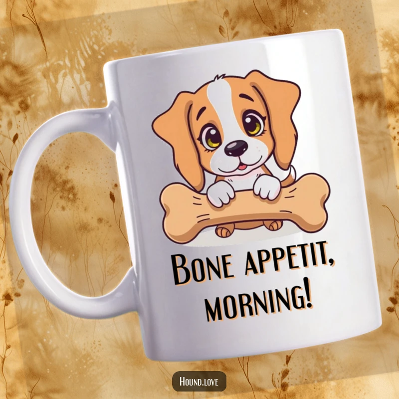Funny Mug: An innocent-eyed hound dog playfully nudging an oversized bone, expressing pure, happy doggy desire.