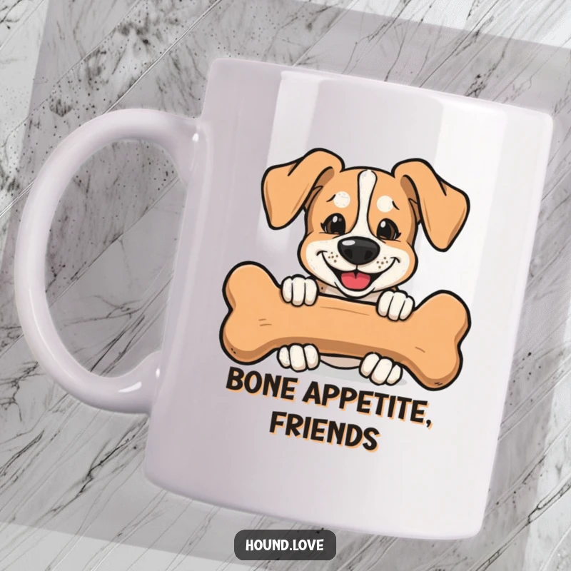 Funny Mug showing a hound with a mischievous grin, peeking from behind a giant bone, caught red-pawed.
