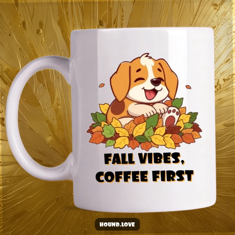 Funny dog mug with a happy hound character joyfully rolling and barking in a large pile of colorful autumn leaves, capturing pure delight.