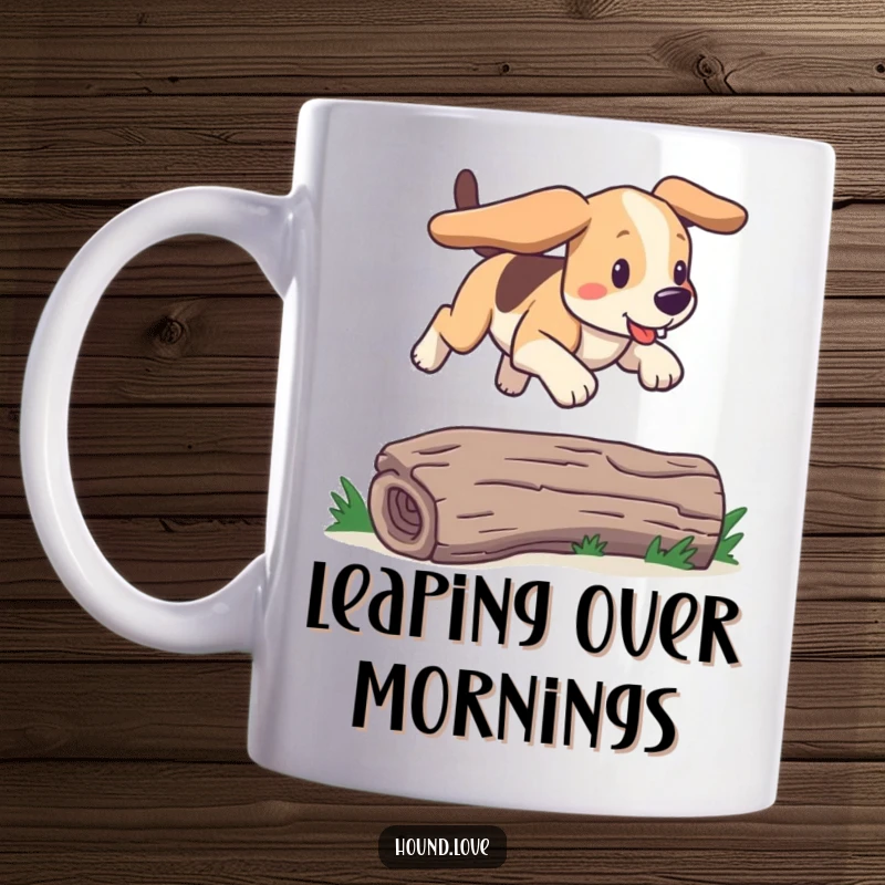 Funny hound dog with long floppy ears joyfully leaping over a low log with enthusiasm. A humorous mug for dog lovers.