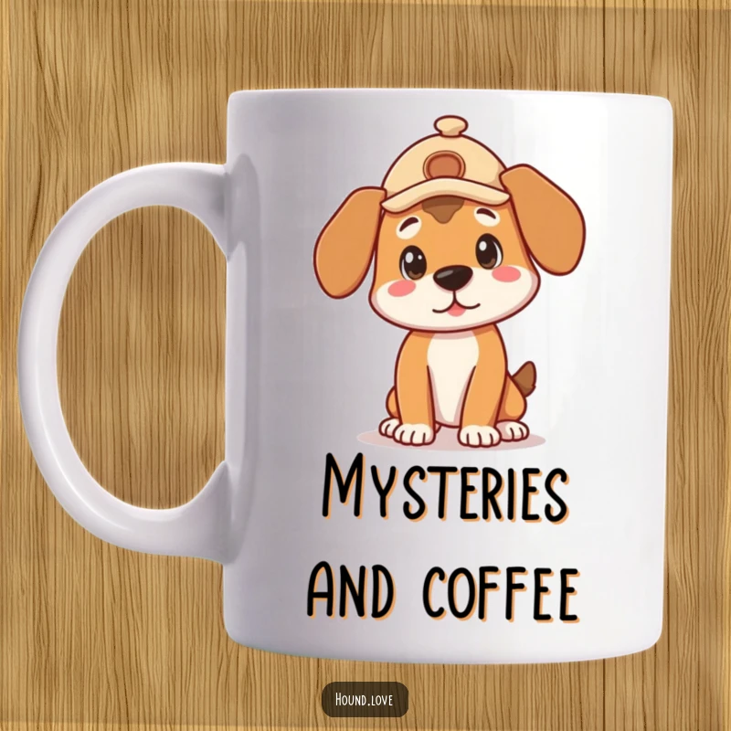 Funny Mug: A cute hound dog wearing a tiny detective hat strikes a curious, investigative pose.